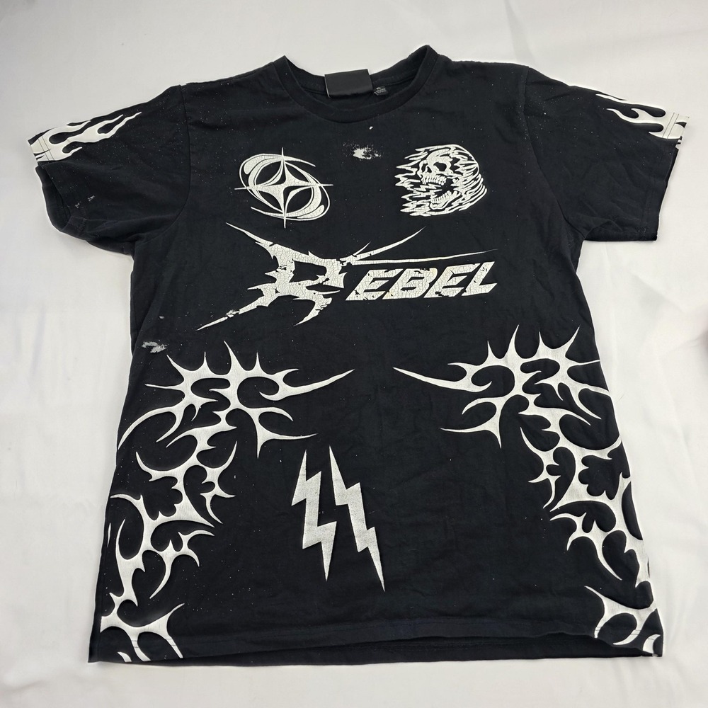 Rebel Vengeance Shirt Mens XL Black Skull Tribal Flame Graphic Allover Tee